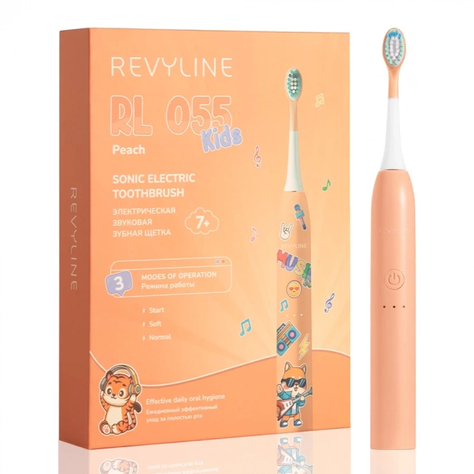 Детская электрическая звуковая зубная щетка Revyline RL 055 Kids, персик